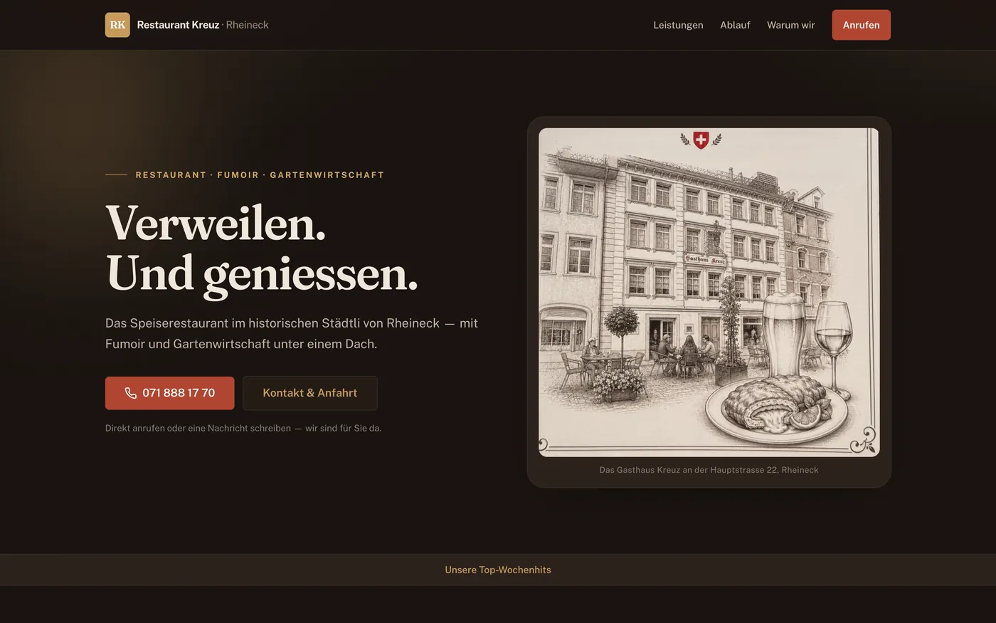 Startseite des Restaurant Kreuz in Rheineck: dunkle Seite mit der Zeile «Verweilen. Und geniessen.» und einer Zeichnung des Gasthauses
