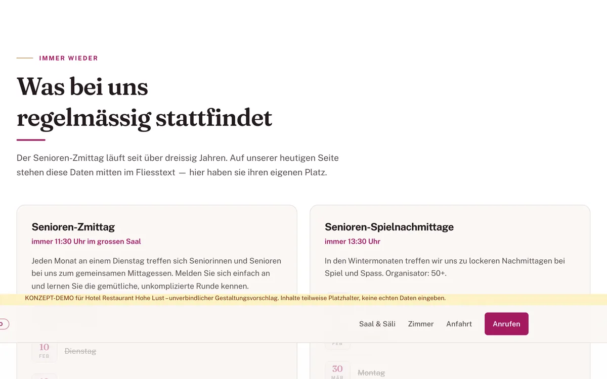 Terminkalender mit Datumsspalte, laufende Termine hervorgehoben, vergangene gedämpft