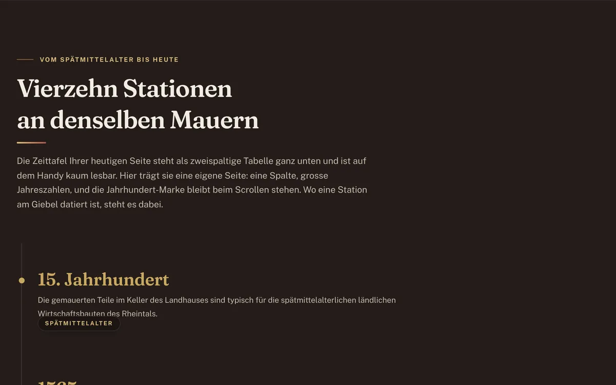 Zeitstrahl mit grossen Jahreszahlen in einer Spalte und einer Epochen-Marke, die beim Scrollen oben stehen bleibt